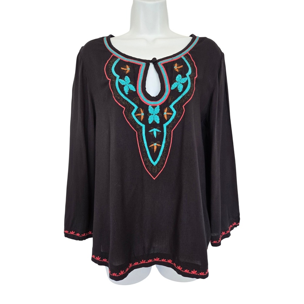 Flint & Moss Black Embroidered Boho Tunic Top Size M Festival Peasant Hippie